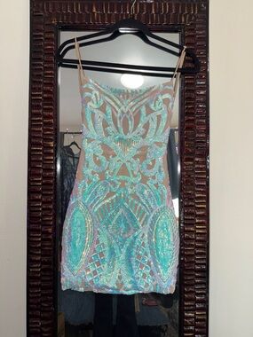 Lucy in the Sky Iridescent Aqua Sequin Mini Dress with Nude Mesh Small